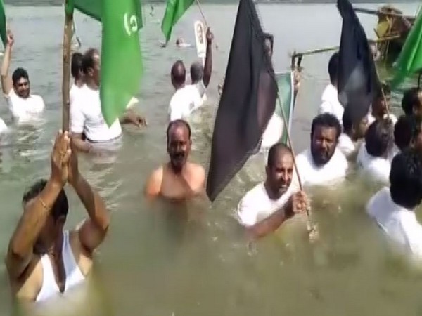 Residents of Rayapudi village hold a protest on Tuesday. Photo/ANI