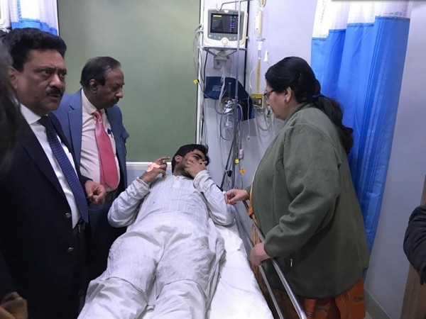 Jamia Millia Islamia University VC Najma Akhtar met students injured in protests on Monday. Photo/ANI