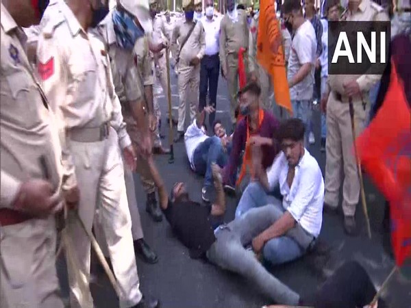 ABVP member detained for protesting against Cluster University of Jammu on Monday. Photo/ANI
