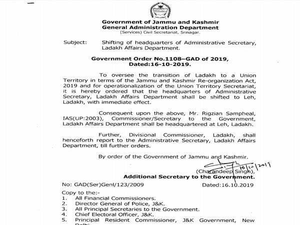 Govt of Jammu and Kashmir order regarding shifting of headquarters of Administrative Secy,Ladakh Affairs Dept to Leh.