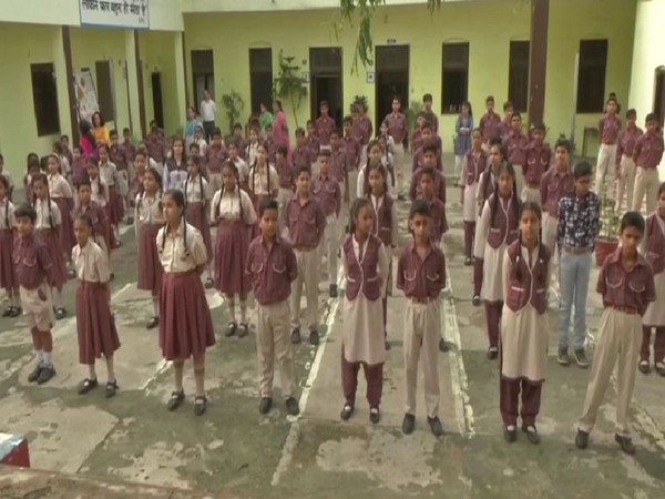 Students in Vidyapeeth School in Jammu were seen enthusiastically participating in the morning assembly. Photo/ANI