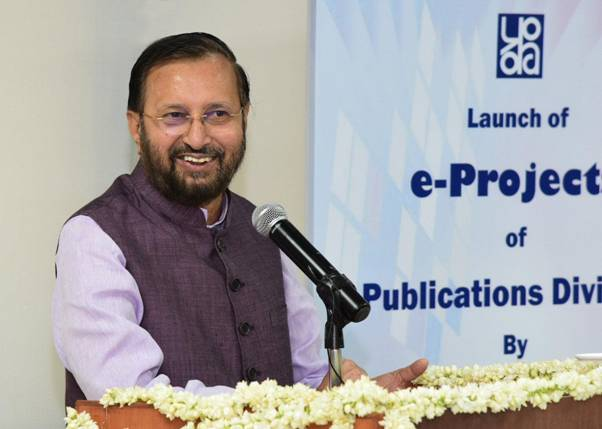 Union Minister Prakash Javadekar at the launch of several e-projects of Publication Division in New Delhi on Wednesday. (Photo Credits: PIB)