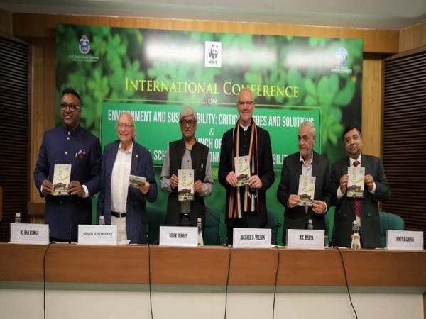   L-R: Prof (Dr) C Raj Kumar, VC of JGU, Prof (Dr) Armin Rosencranz, Dean of JSES, Dr Bibek Debroy, Justice Michael D Wilson, Judge, Hawaii SC, USA, MC Mehta, Aditya Ghosh.