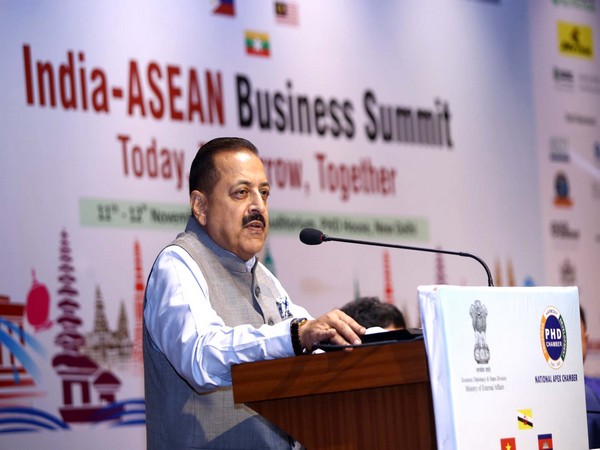 Union Minister Jitendra Singh speaking at India-ASEAN Business Summit in New Delhi on Monday. Photo/ANI