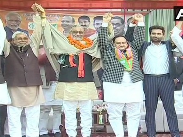 (Left to Right) JDU leader Nitish Kumar, BJP-JDU alliance candidate Dr Shivcharan Lal Gupta, BJP leader JP Nadda and LJP's Chirag Paswan.