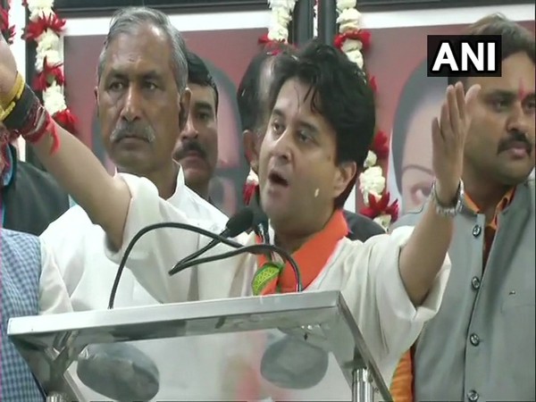 Jyotiraditya Scindia speaking at the event at BJP office in Bhopal on Thursday. Photo/ANI
