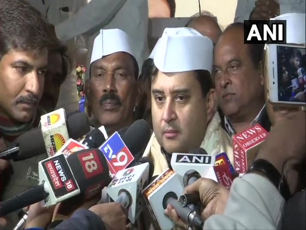 Congress leader Jyotiraditya Scindia speaking to reporters in Bhopal on Sunday. Photo/ANI
