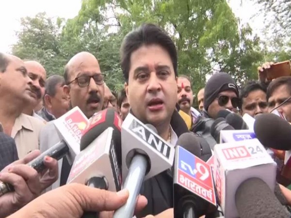 Congress leader Jytoriaditya Scindia talking to reporters in Bhopal on Sunday. Photo/ANI