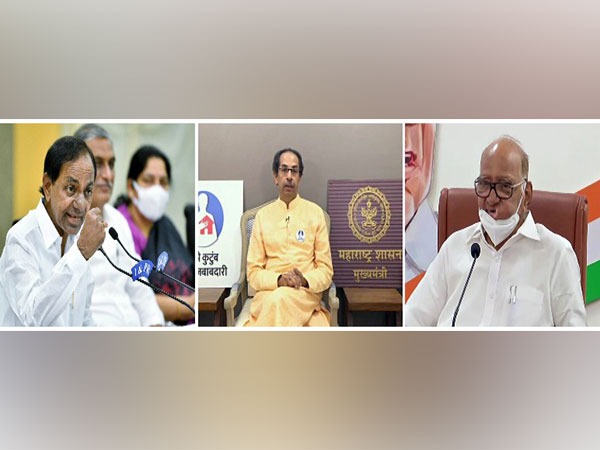 Telangana Chief Minister K Chandrashekar Rao, Maharashtra CM Uddhav Thackeray and Nationalist Congress Party chief Sharad Pawar (left to right)