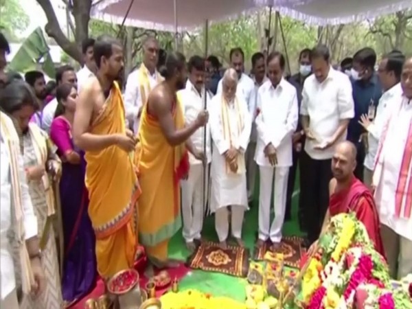 Telangana Chief Minister K Chandrashekhar Rao  during the Bhoomi Pujan of the hospitals. (ANI/photo)
