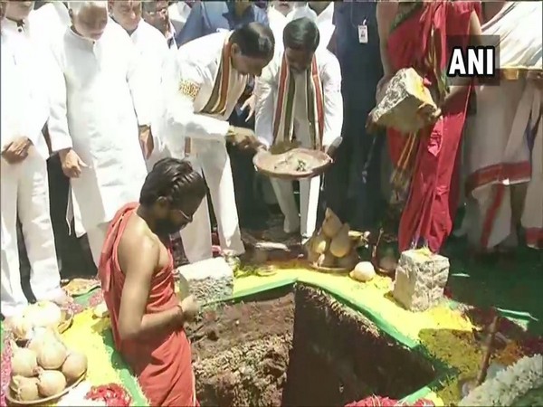 Telangana Chief Minister K. Chandrashekar Rao while laying foundation stone on Thursday in Hyderabad. (Photo: ANI)