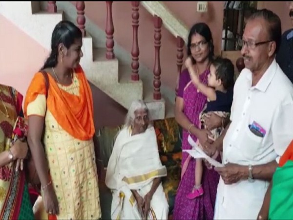 105-year-old Bageerathi Amma dressed in white saree became the 'oldest equivalency learner' of Kerala State Literary Mission [Photo/ANI]