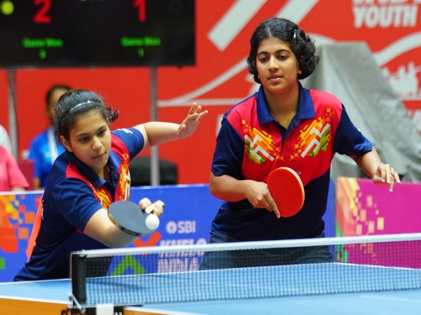 Maharashtra Table-Tennis Girls Doubles team in action during KIYG 2021 (Image: SAI/MYAS)