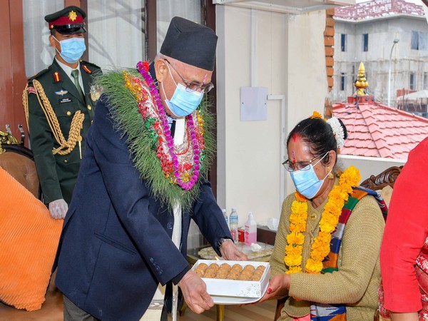 Nepal Prime Minister KP Sharma Oli receiving tika from his sisters in Nepal on Monday.