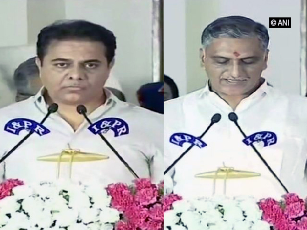Sircilla MLA K T Rama Rao (left) and Siddipet MLA T Harish Rao (right) took oath as ministers in state Cabinet in Hyderabad on Sunday. (Photo/ANI)