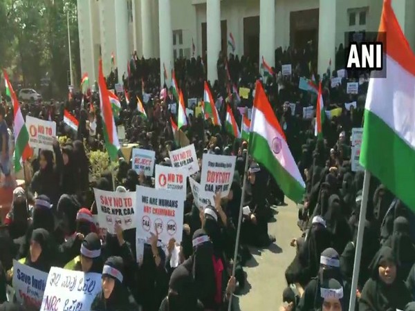Women India Movement on Saturday organised a protest against CAA, NRC in Mangaluru. Photo/ANI