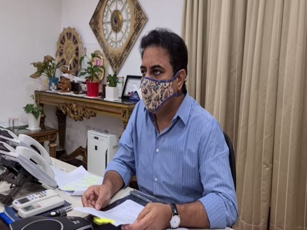 Minister for Municipal Administration (MA) in Telangana, KT Rama Rao at the video conference meeting on Saturday. Photo/ANI