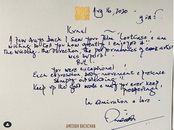 Legendary actor Amitabh Bachchan's handwritten note for actor Kunal Kemmu (Image source: Instagram) 