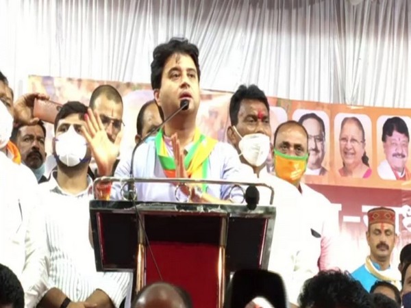 BJP leader Jyotiraditya Scindia speaking at the rally on Sunday. Photo/ANI