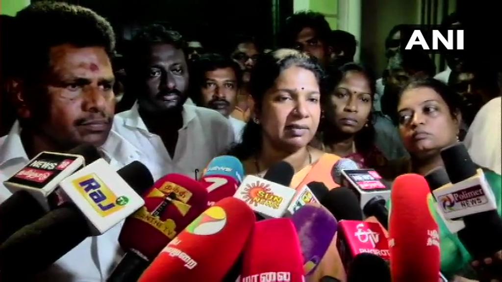 DMK leader Kanimozhi speaking to reporters in Thoothukudi, Tamil Nadu on Wednesday.