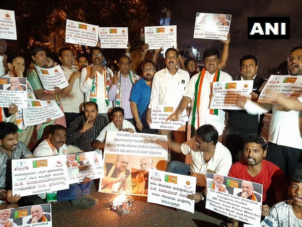 Congress workers protesting in Bengaluru on Tuesday. Photo/ANI