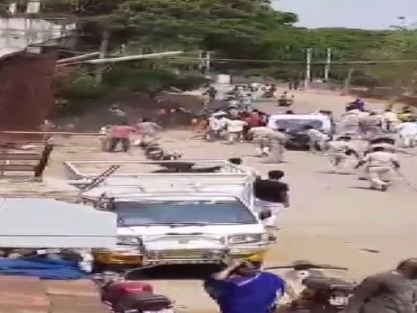 People pelting stones at police personnel on Friday. Photo/ANI