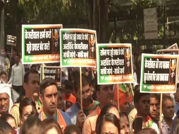 Protests against Delhi CM Arvind Kejriwal in New Delhi on Saturday.