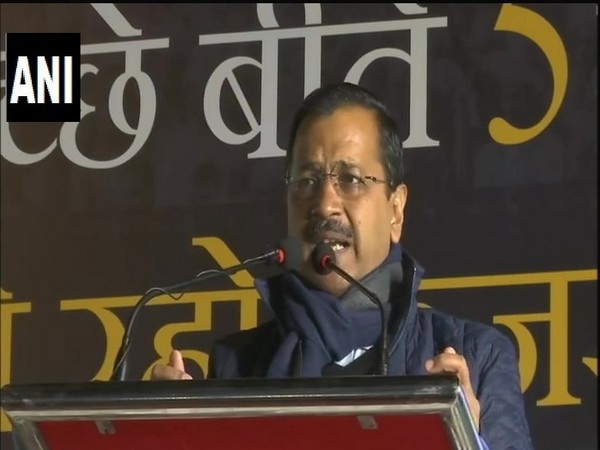 Delhi Chief Minister Arvind Kejriwal speaking at a public rally in New Delhi on Saturday. Photo/ANI