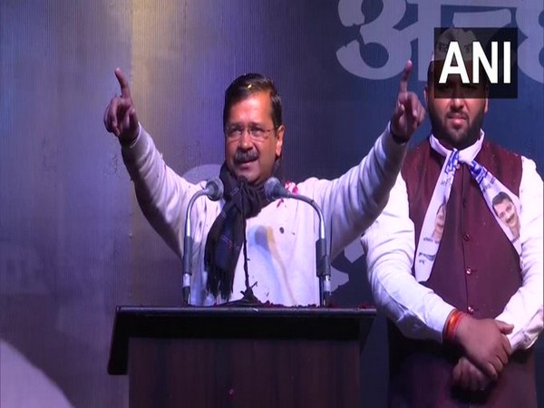 Delhi Chief Minister and AAP leader Arvind Kejriwal addressing a rally in Delhi on Sunday. Photo/ANI