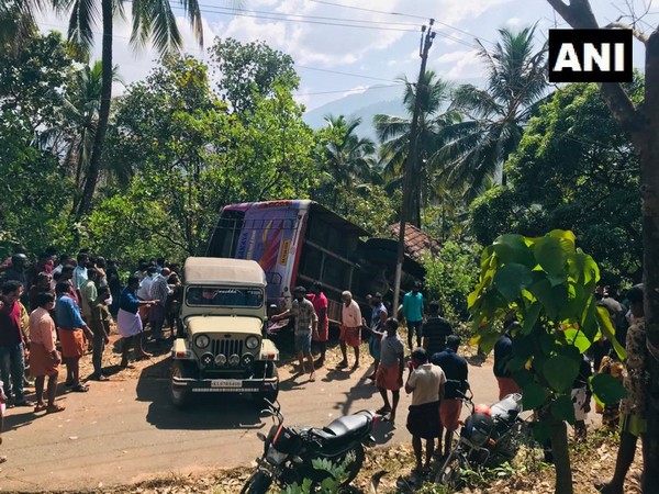 A bus overturns in Kerala's Kasaragod (Photo ANI)