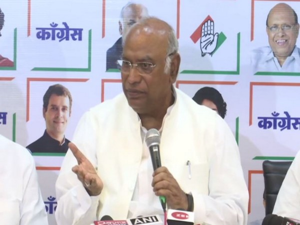 Senior Congress leader Mallikarjun Kharge addressing media persons in Mumbai on Saturday. Photo/ANI 