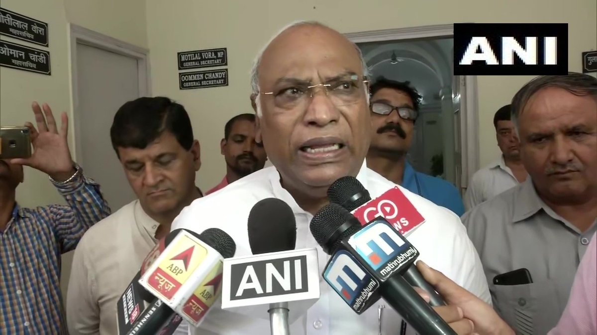 Senior Congress leader Mallikarjun Kharge speaking to reporters in New Delhi on Saturday.