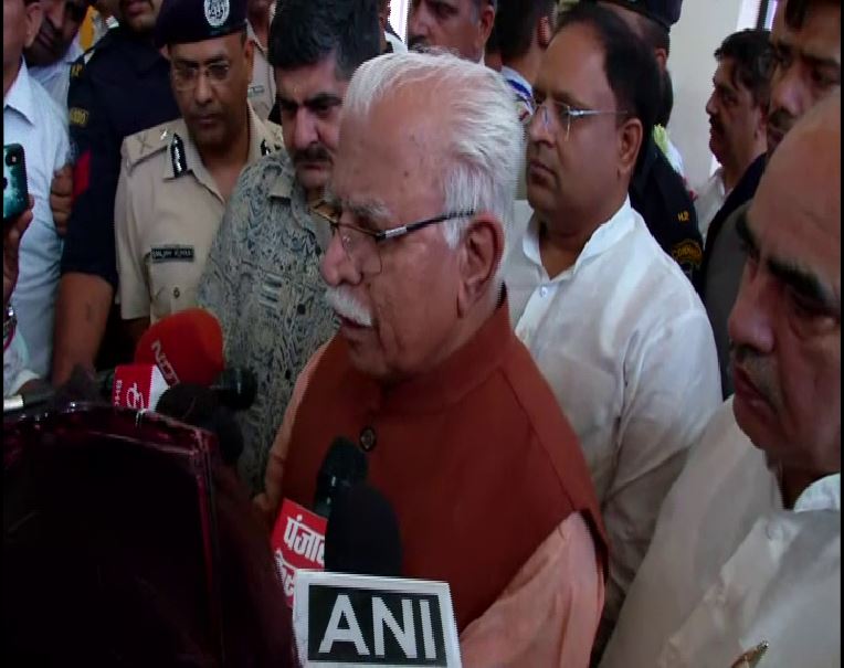 Haryana Chief Minister ML Khattar speaking to reporters in Faridabad on Friday (Photo/ANI)