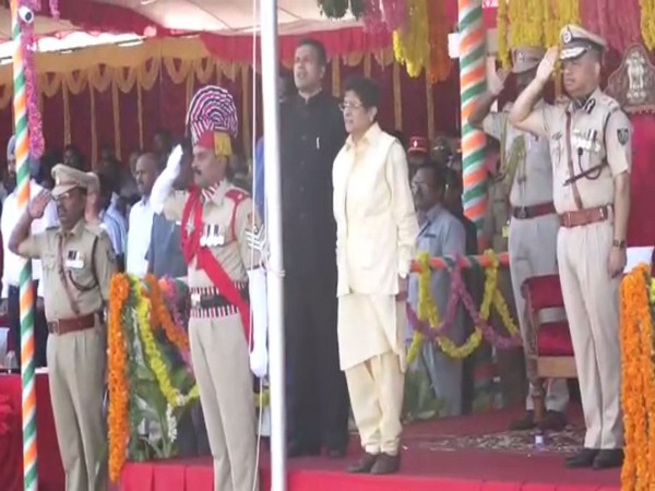 Lieutenant Governor Kiran Bedi at Republic Day celebrations in Puducherry on Sunday. Photo/ANI