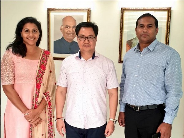 Union Sports Minister Kiren Rijiju with Anju Bobby George in New Delhi on Tuesday. Photo/ANI