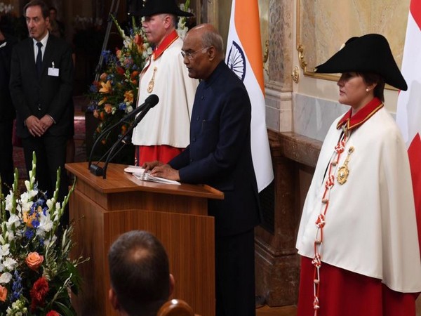President Ram Nath Kovind addressing the Federal Council of Switzerland in Bern on Friday. (Photo courtesy: President of India Twitter handle)