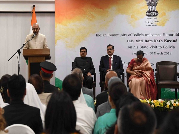 President Ram Nath Kovind addressing Indian diaspora in Santa Cruz on Saturday. (Picture Credits: Raveesh Kumar/Twitter)