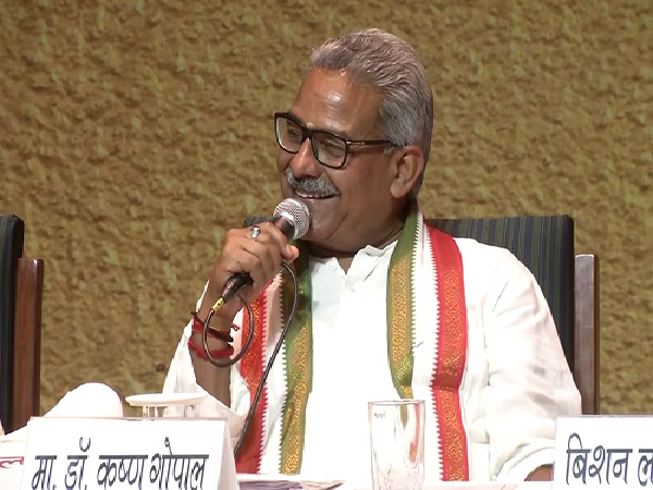 RSS functionary Krishna Gopal Sharma speaking in New Delhi on Saturday. Photo/ANI