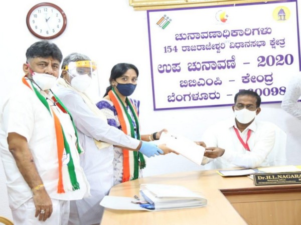 Congress candidate Kusuma H filed her nomination for Karnataka by-election on Wednesday. (Photo/ANI)
