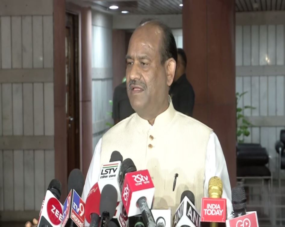 Lok Sabha Speaker Om Birla speaking to media persons after the all-party meeting in New Delhi on Saturday. Photo/ANI