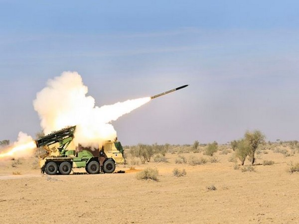 Pinaka multi-barrel rocket launcher firing.