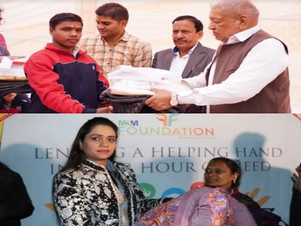 Lal Chand Bansal, Founder, M3M Foundation and Dr Payal Kanodia, Trustee, M3M Foundation distributing blankets