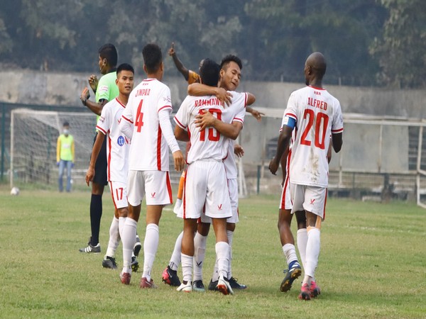 Aizawl FC players celebrate after scoring a goal (Photo/ AIFF)