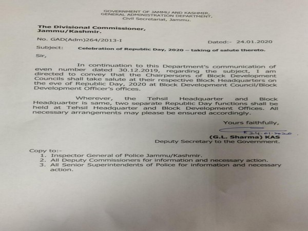 The circular issued by General Adminitration Department, J-K government, on Friday. Photo/ANI