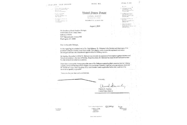 The letter written by US Senator Charles E Grassley to India's Ambassador to the US, Harsh Vardhan Shringla