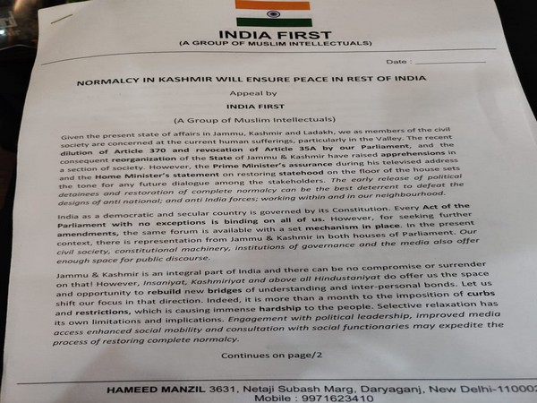 Letter written by India First group on Wednesday. Photo/ANI