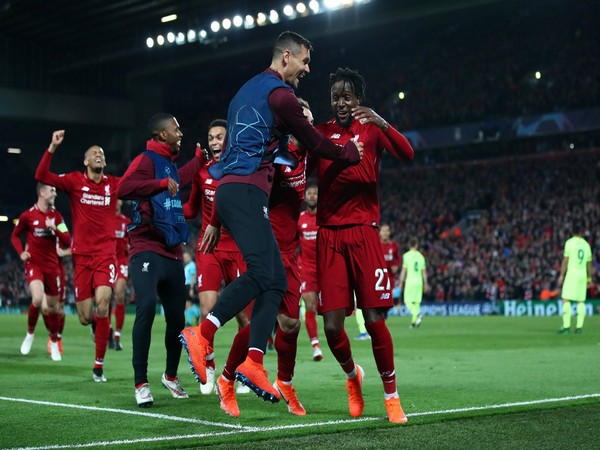 Liverpool players celebrate after beating Barcelona 4-0 at Anfield on Tuesday. (Image Credits: Liverpool FC Twitter)
