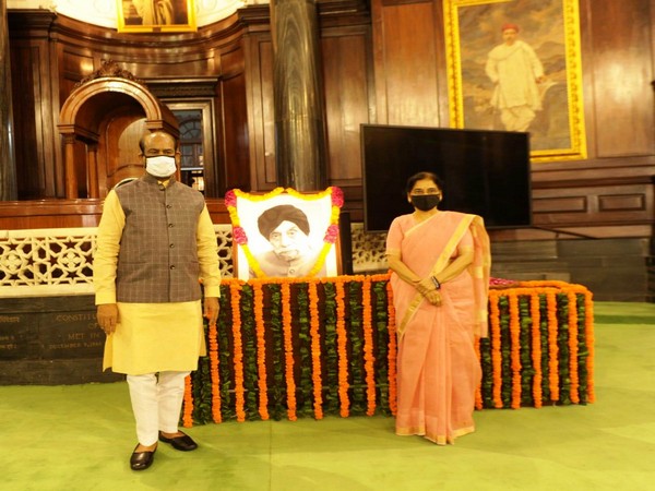 Lok Sabha Speaker Om Birla after paying the floral tributes to former Speaker of Lok Sabha Sardar Hukam Singh in the Central Hall of Parliament House on Sunday. 