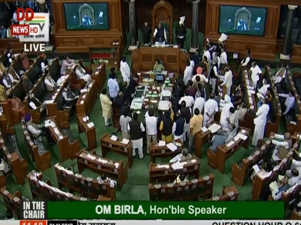 Opposition members raises slogans in Lok Sabha on Thursday. (Photo Credits: DD News)