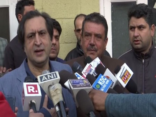    People's Conference chief Sajad Lone addressing media person on Wednesday.